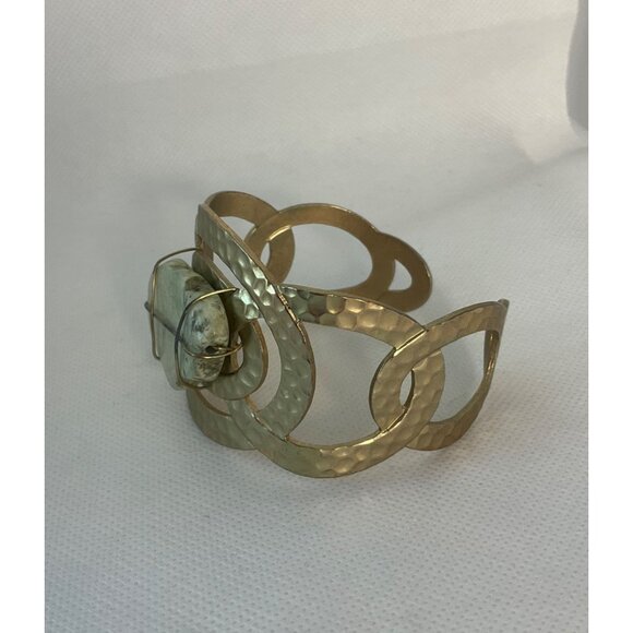 Hammered Gold-Tone Cuff Bracelet Matte Oval White Stone Boho Adjustable - Picture 4 of 11